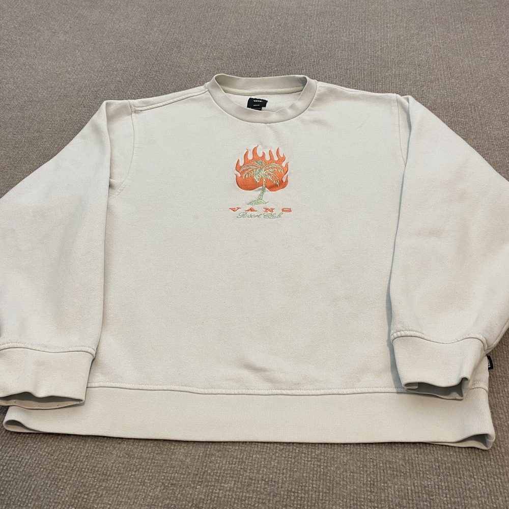 Vans Sweatshirt Mens Medium White Resort Club Palm Tree Fleece Skater Graphic